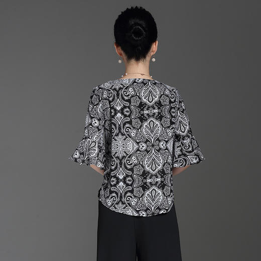 印花圆领五分袖时尚潮流不规则女士透气仿真丝T恤衫EE-EB8987F6 商品图3