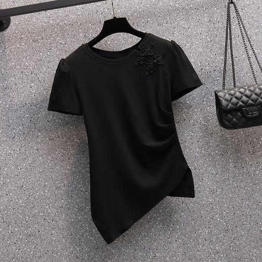 MZ802875胖mm时尚不对称上衣新款2022年夏季大码女装纯色圆领短袖T恤衫潮 商品图4