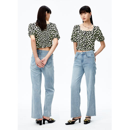 NEELLY纳俪商场同款方领单排扣衬衫女碎花雪纺衫灯笼袖短款上衣夏N22071R01172 商品图4