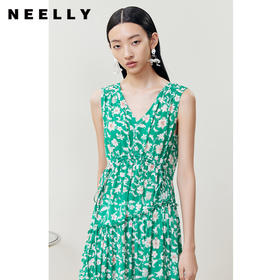 NEELLY纳俪商场同款气质V领碎花连衣裙女无袖度假风长裙收腰A字裙