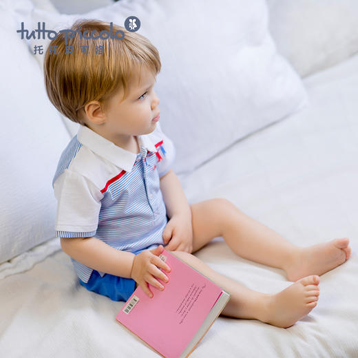 男童春夏蓝色条纹短袖套装 商品图4