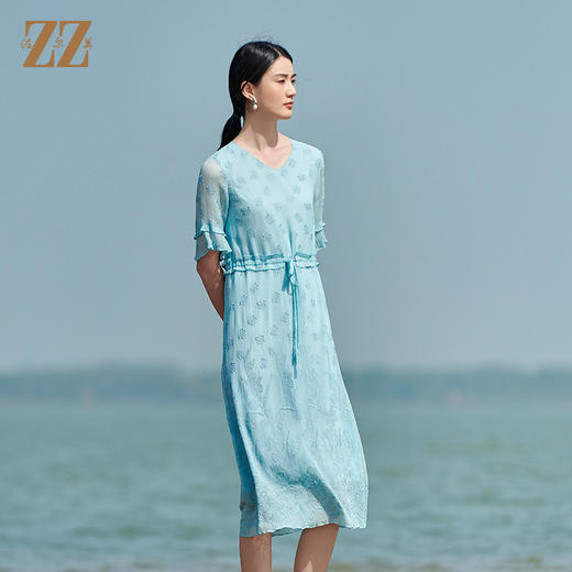 佐尔美2022夏季新款 桑蚕丝真丝乔其绣花连衣裙女E22LS94 商品图2