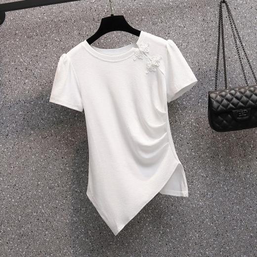 MZ802875胖mm时尚不对称上衣新款2022年夏季大码女装纯色圆领短袖T恤衫潮 商品图6