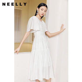 NEELLY纳俪商场同款气质白色连衣裙女松紧褶皱设计显瘦收腰A字裙