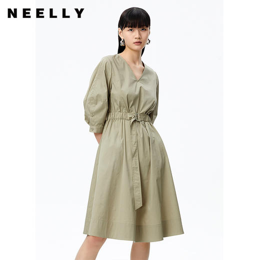 NEELLY纳俪商场同款连衣裙女气质V领七分袖收腰A字裙百搭通勤长裙N22071Y01017 商品图1