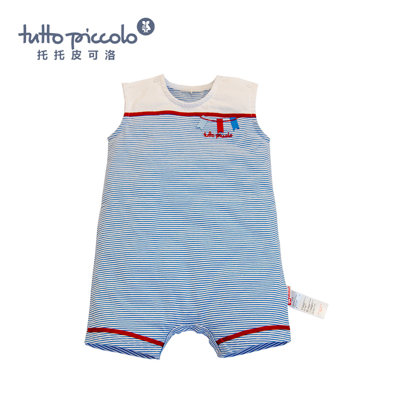 男童春夏蓝色条纹短袖连体衣