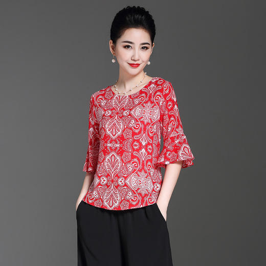 印花圆领五分袖时尚潮流不规则女士透气仿真丝T恤衫EE-EB8987F6 商品图1