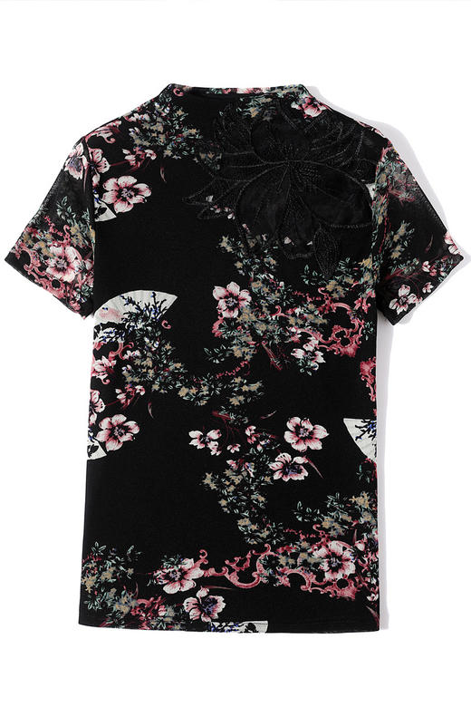 夏新款时尚百搭修身,经典蕾丝拼接印花网纱短袖T恤打底上衣KQL-2312 商品图3