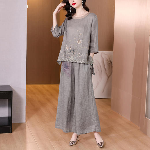 夏季原创文艺复古绣花,短款国风小衫上衣宽松麻料衬衫套装XYX2559 商品图2