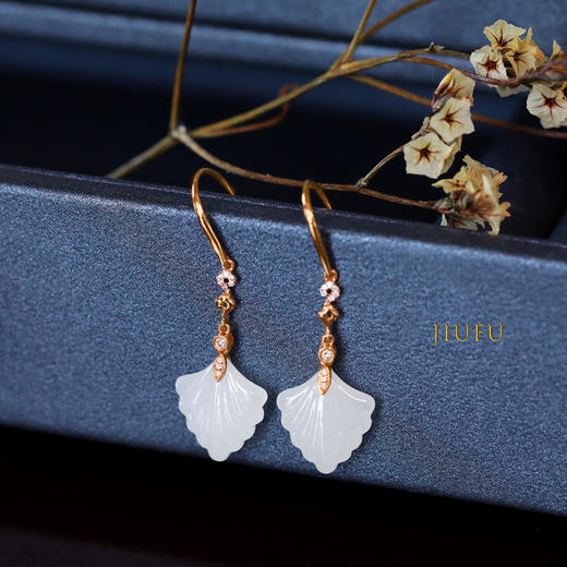 18K玫瑰金和田玉（白玉）镶钻耳环-百褶裙/主石13*14mm/总长35mm 商品图1