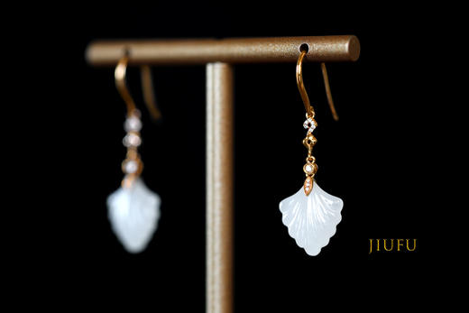 18K玫瑰金和田玉（白玉）镶钻耳环-百褶裙/主石13*14mm/总长35mm 商品图2