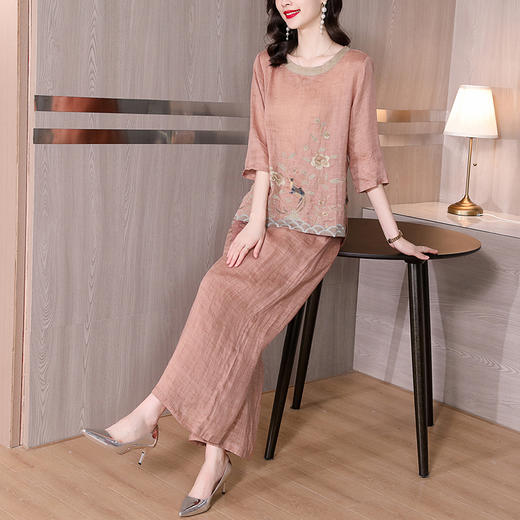 夏季原创文艺复古绣花,短款国风小衫上衣宽松麻料衬衫套装XYX2559 商品图0