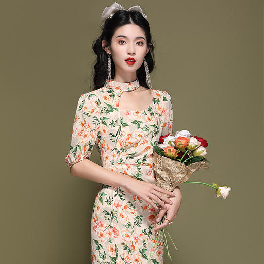 OY-220188国潮小清新夏季新款中国风碎花短袖连衣裙年轻改良旗袍款220188 商品图1