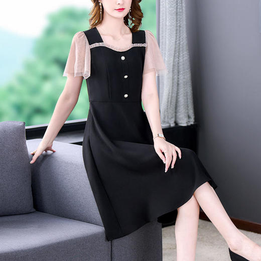 黑色短袖雪纺连衣裙女中长款2022新款夏季气质修身收腰中年裙子 DL8878 商品图1