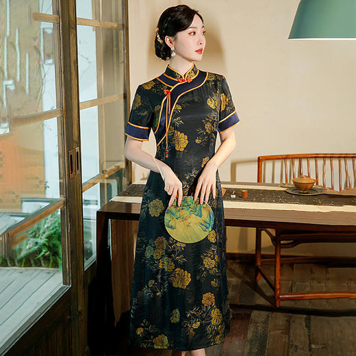 GSJ-3086新款夏季旗袍长款短袖人丝时尚日常优雅淑女大码连衣裙 商品图3