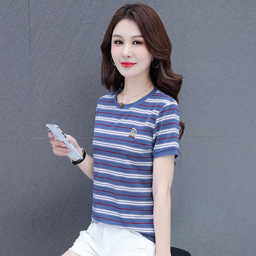 2022夏装新款宽松遮肚休闲漂亮纯棉时尚条纹短袖t恤 TR-FB7981 商品图6