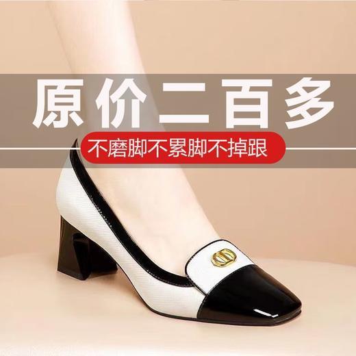 DF-新款中粗跟方头时尚简约百搭拼色浅口小皮鞋 商品图0