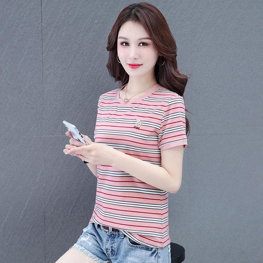 2022夏装新款宽松遮肚休闲漂亮纯棉时尚条纹短袖t恤 TR-FB7981 商品图2