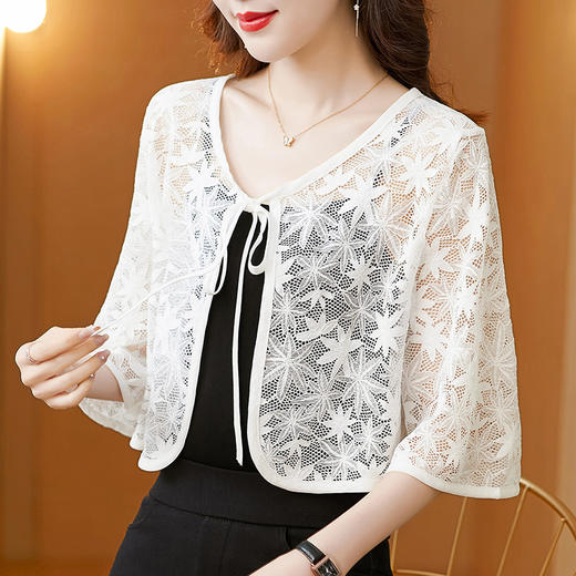 KQLE001M6195 2022夏季新款蕾丝衫开衫系带短外套小披肩外搭七分袖防晒衣女 商品图1