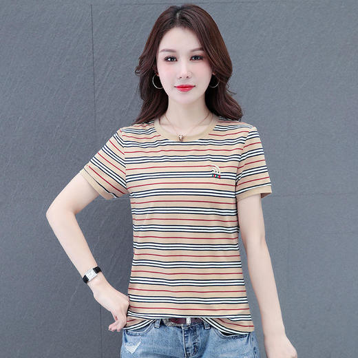 2022夏装新款宽松遮肚休闲漂亮纯棉时尚条纹短袖t恤 TR-FB7981 商品图0