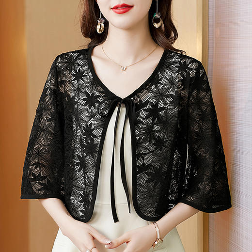 KQLE001M6195 2022夏季新款蕾丝衫开衫系带短外套小披肩外搭七分袖防晒衣女 商品图3