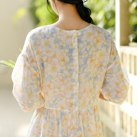 QMFS5671新款优雅气质收腰圆领短袖棉麻碎花连衣裙 商品图2