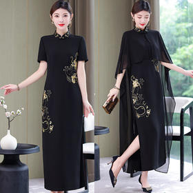 微弹免烫加长款高端显瘦优雅大披肩纱走秀旗袍女连衣裙 XY-THA371