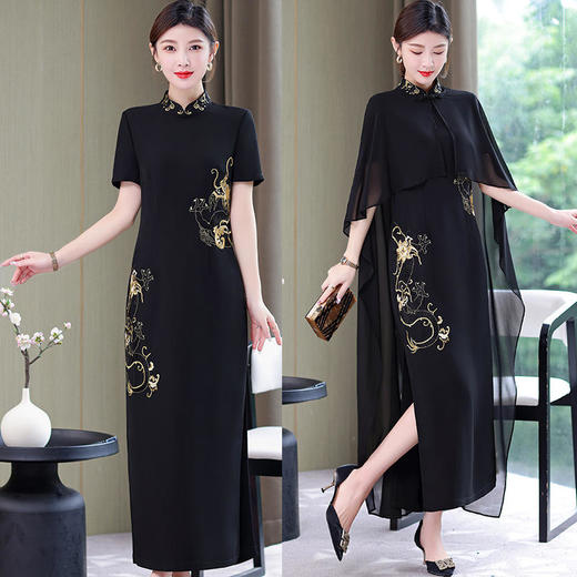 微弹免烫加长款高端显瘦优雅大披肩纱走秀旗袍女连衣裙 XY-THA371 商品图0