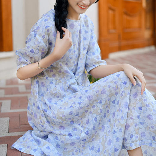 QMFS5671新款优雅气质收腰圆领短袖棉麻碎花连衣裙 商品图3