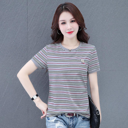 2022夏装新款宽松遮肚休闲漂亮纯棉时尚条纹短袖t恤 TR-FB7981 商品图4