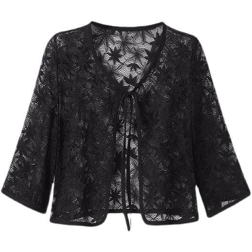 KQLE001M6195 2022夏季新款蕾丝衫开衫系带短外套小披肩外搭七分袖防晒衣女 商品图6