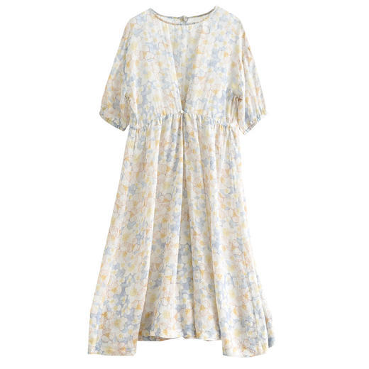 QMFS5671新款优雅气质收腰圆领短袖棉麻碎花连衣裙 商品图4