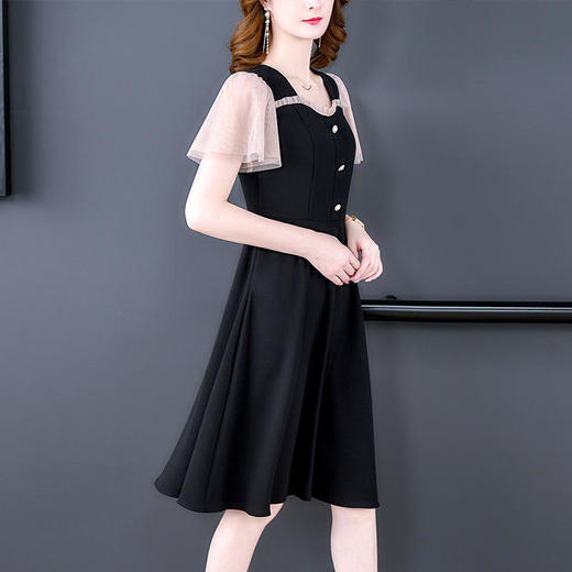 黑色短袖雪纺连衣裙女中长款2022新款夏季气质修身收腰中年裙子 DL8878 商品图2