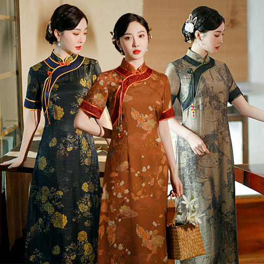 GSJ-3086新款夏季旗袍长款短袖人丝时尚日常优雅淑女大码连衣裙 商品图0