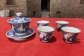 柴窑青花明代海水茶套