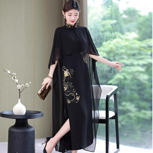 微弹免烫加长款高端显瘦优雅大披肩纱走秀旗袍女连衣裙 XY-THA371 商品图1