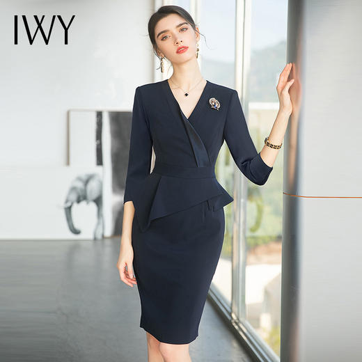 IWY/藏青色职业连衣裙女夏高级感薄款中袖珠宝店前台OL工作服裙子Q746 商品图2