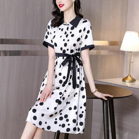 AHM-hmnz6075夏季新款时尚洋气短袖波点撞色系带重磅醋酸缎面连衣裙