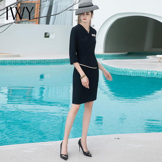IWY/藏青色2022夏季新款职业连衣裙女神范气质名媛V领修身包臀裙Q528 商品图4