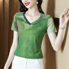 网纱短袖t恤，洋气小衫显瘦v领钉珠修身打底上衣KQL-7091 商品缩略图0