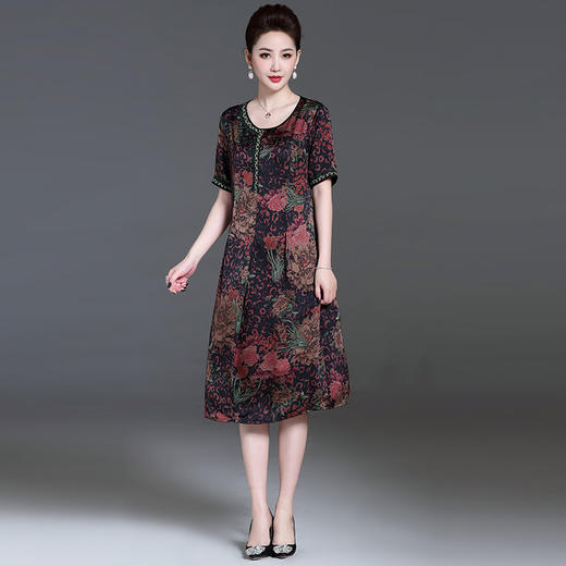 夏季新款印花短袖圆领宽松显瘦时尚潮流女士透气仿真丝连衣裙EE-EB2039F6 商品图3