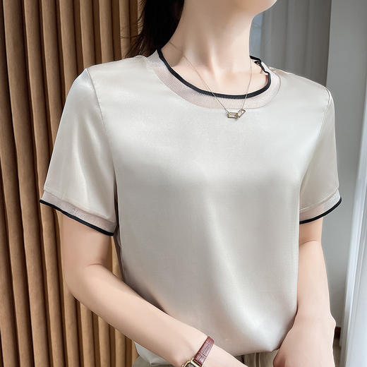 【凉快显气质 】绸缎网纱拼接短袖 仿真丝 独特光泽感 高级感爆棚 不勾丝  不起球 商品图7