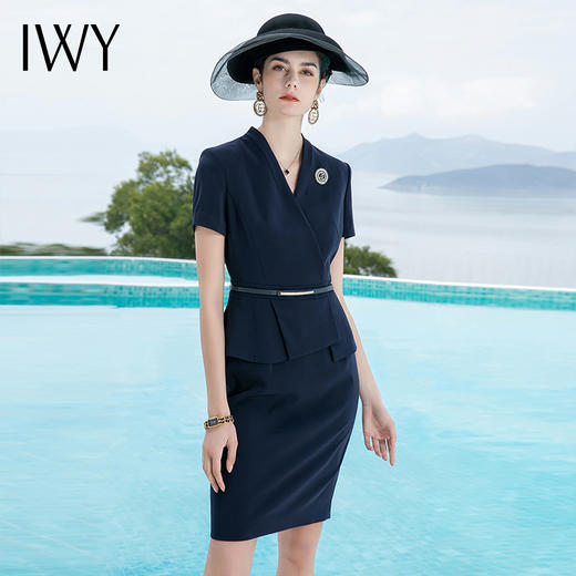 IWY/夏季高端职业装连衣裙女藏青色物业销售工作服工装西装一步裙Q725 商品图1