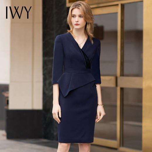 IWY/藏青色2022年夏季新款职业显瘦高端品牌女装气质修身连衣裙OLQ746 商品图2