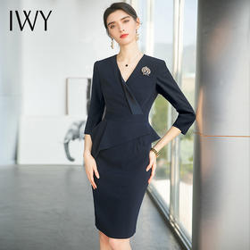 IWY/藏青色职业连衣裙女夏高级感薄款中袖珠宝店前台OL工作服裙子Q746