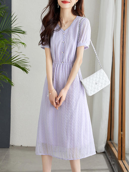 【五折购】熙世界温柔风水波纹连衣裙夏新款法式气质花边V领收腰裙子 商品图1