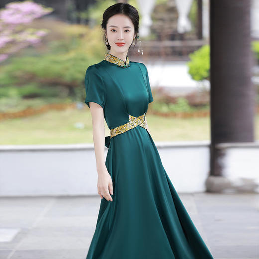 2022夏季旗袍新款国潮绿色长裙修身优雅端庄显瘦  JLM2232 商品图3