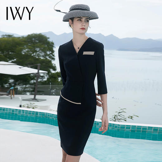 IWY/藏青色2022夏季新款职业连衣裙女神范气质名媛V领修身包臀裙Q528 商品图2