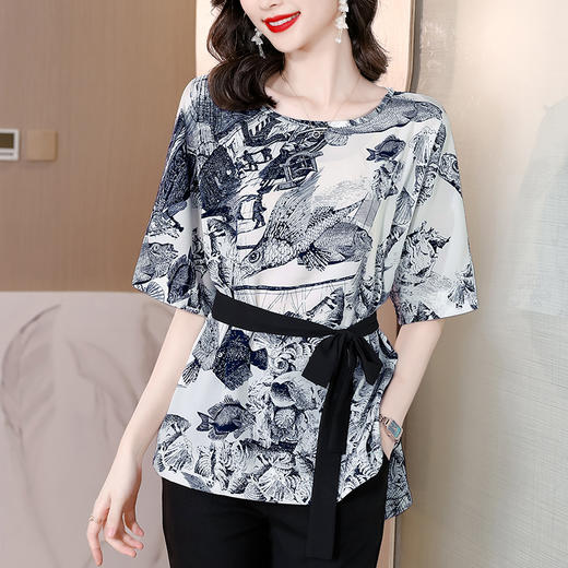 衬衫遮肚子中长款衬衫女2022夏季新款收腰洋气小衫短袖 KQL7039 商品图1