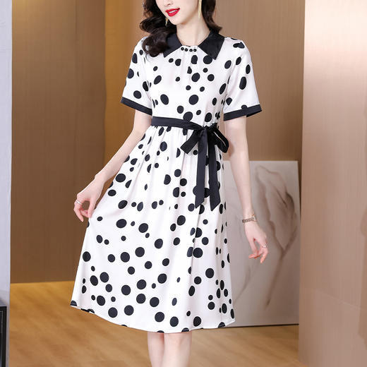 AHM-hmnz6075夏季新款时尚洋气短袖波点撞色系带重磅醋酸缎面连衣裙 商品图1